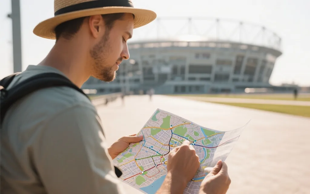 球场周边路线与入场动线的示意氛围，旅行者在地图前规划