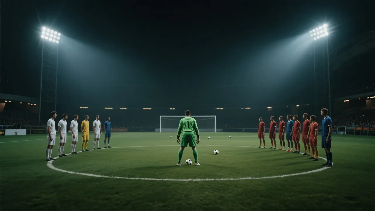 点球大战前球员站在中圈等待，球场灯光与紧张空气