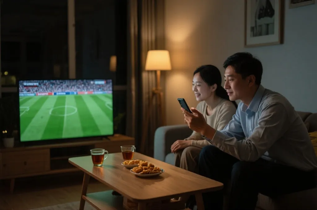 中国家庭客厅里，一位上班族在安静环境中用手机观看世界杯比赛的夜晚场景